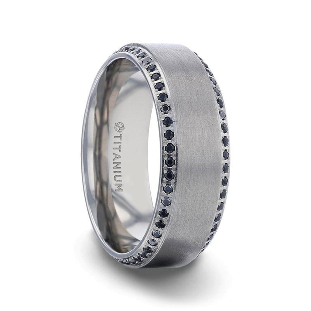Thorsten CHAMPION Flat Brushed Center Titanium Men's Wedding Band with Black Sapphire Polished Beveled Edges - 8mm Thorsten CHAMPION Flat Brushed Center Titanium Men's Wedding Band with Black Sapphire Polished Beveled Edges - 8mm