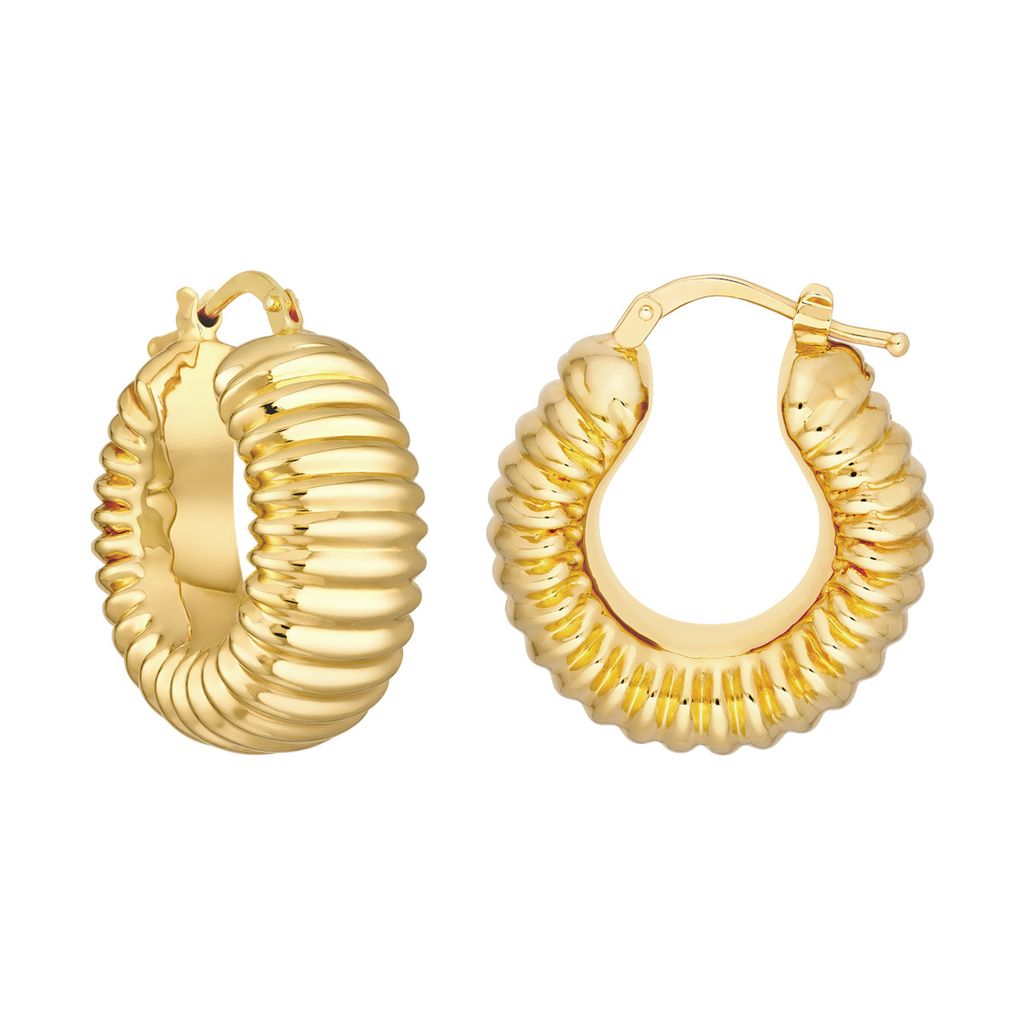 14K Gold Medium fashion Hoop Ribbed Earrings