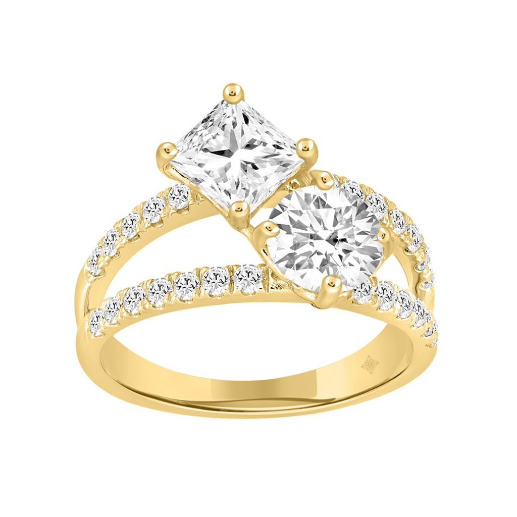 Carat Round and Princess Diamond Engagement Ring 14K Yellow Gold  Toi et Moi Style