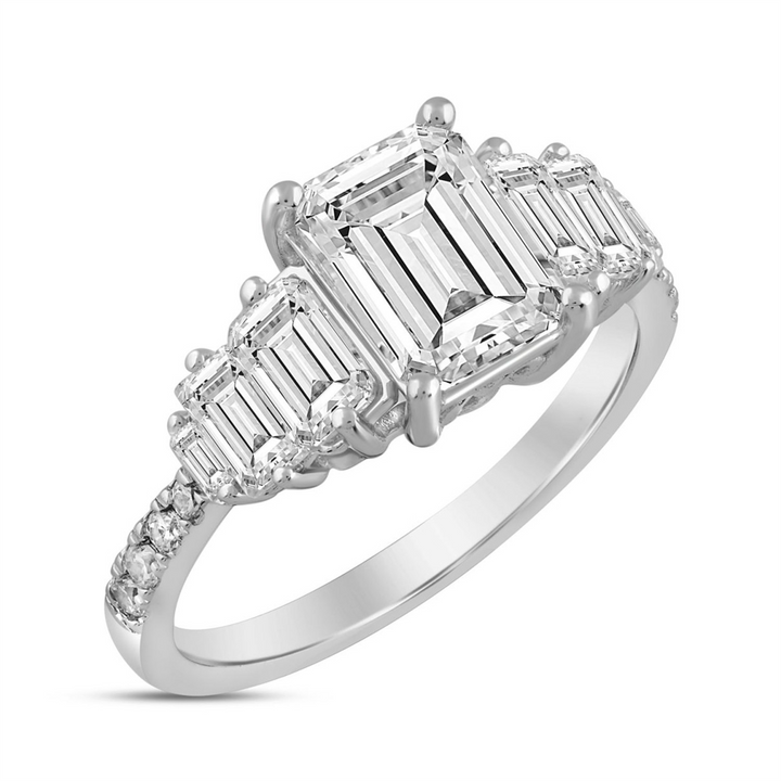 3.25 Carat Round, Baguette, and Emerald Lab-Grown Diamond Ring | 14K Gold | Modern Vintage Style