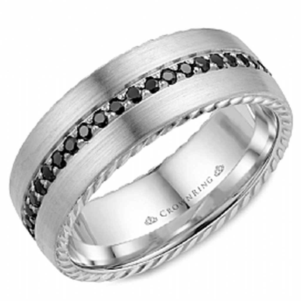 14K White Gold Black Diamond and Rope Edge Men's Wedding Band