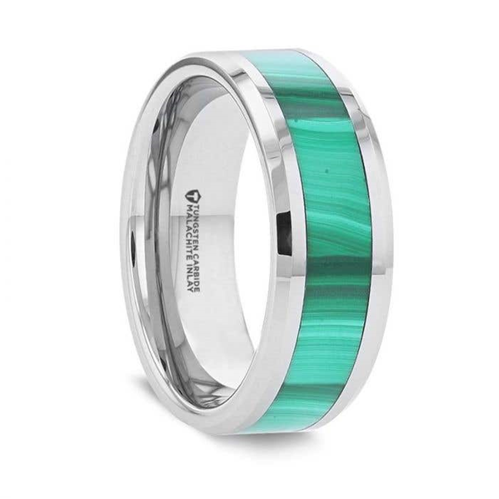 Thorsten MAHI Malachite Inlay Tungsten Carbide Ring with Polished Beveled Edges - 8mm Thorsten MAHI Malachite Inlay Tungsten Carbide Ring with Polished Beveled Edges - 8mm