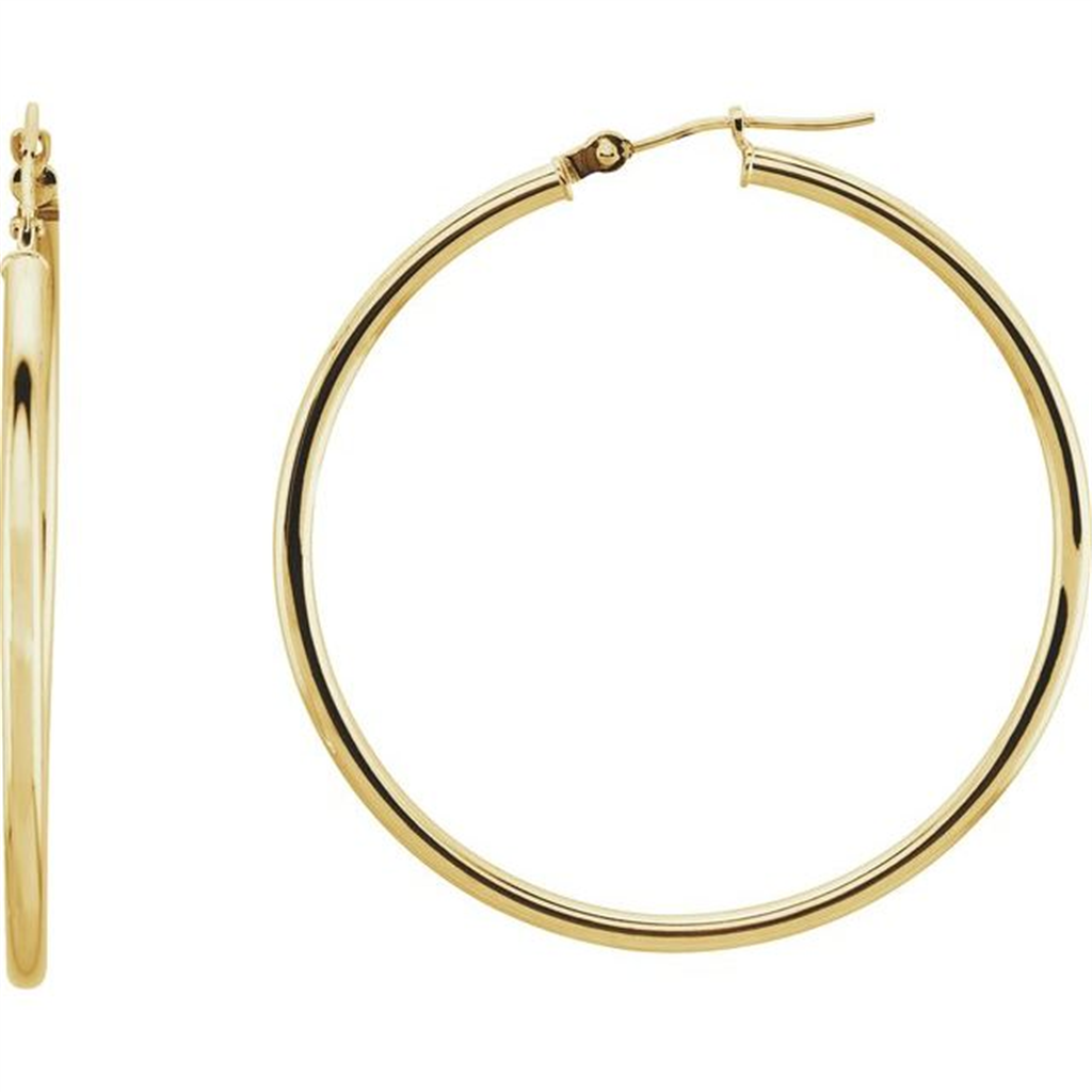 14K Yellow Gold 40mm Hoop Earrings | 2mm Thick Tube Hoops