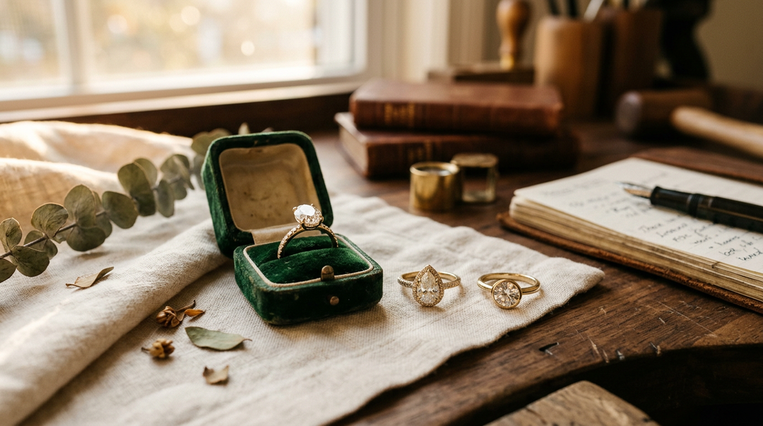Oval diamond solitaire in a green velvet ring box beside pear and bezel-set diamond rings on a jeweler's desk with loupe, notebook, and eucalyptus