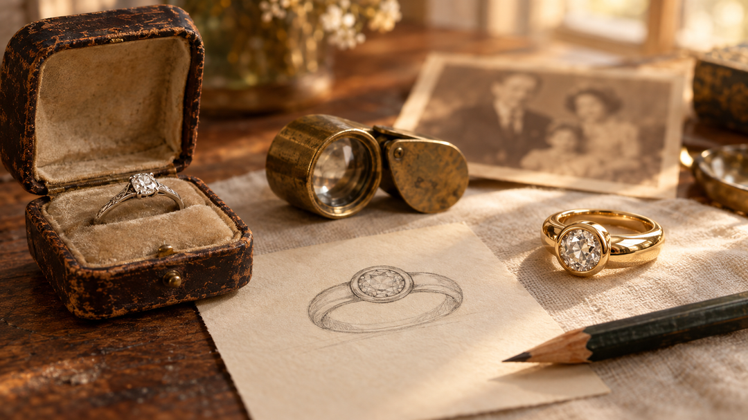 Vintage heirloom diamond ring in an antique box beside a redesigned yellow gold bezel engagement ring, loupe, and design sketch