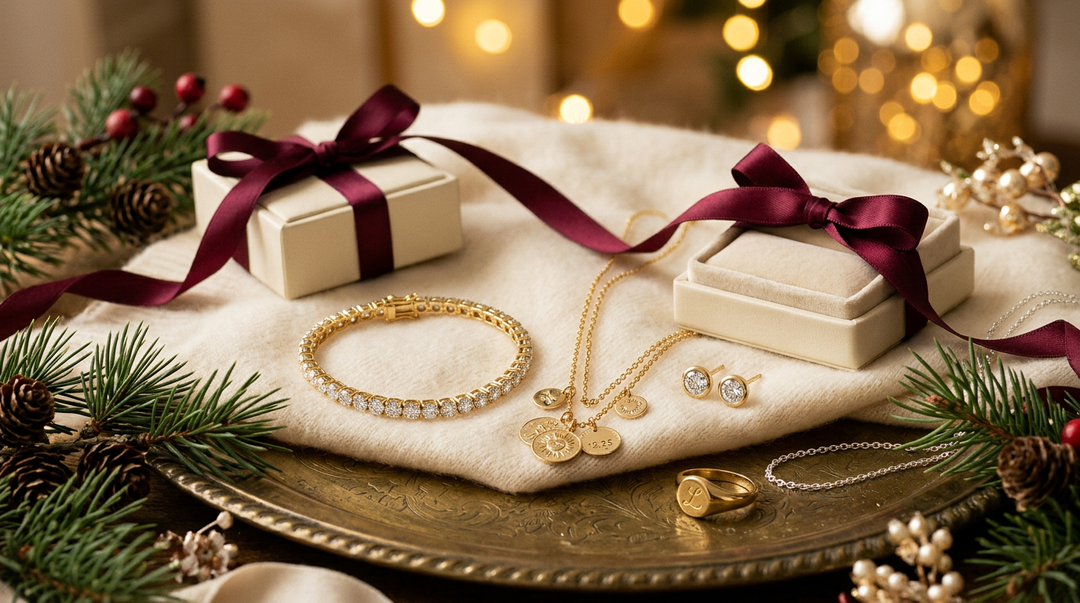 Holiday jewelry flat lay with a yellow gold diamond tennis bracelet, layered charm necklace, bezel diamond studs, signet pinky ring, and silver chain on cream cashmere with burgundy ribbon and pine
