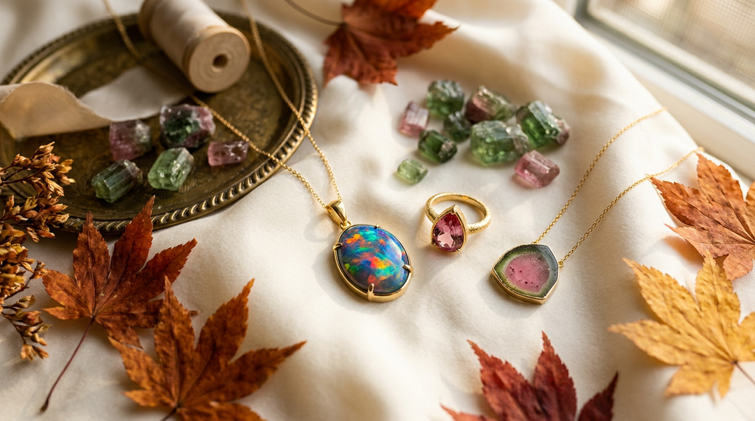 October birthstone editorial flat lay with black opal pendant, pink tourmaline ring, watermelon tourmaline slice pendant, and loose green and pink tourmaline crystals on ivory silk with autumn maple leaves