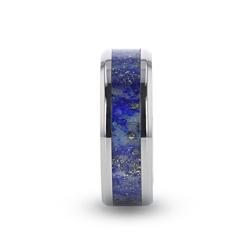 MALONE Men's Titanium Wedding Ring with Blue Lapis Inlay & Beveled Edges - 8mm