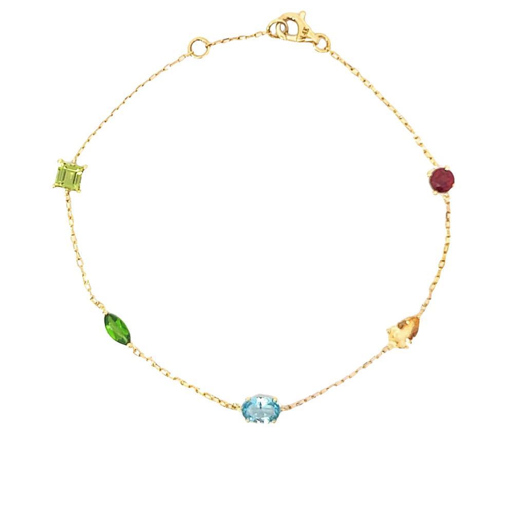 14K Yellow Gold Staion Bracelet 7.5 Inches with Multi-Gemstones