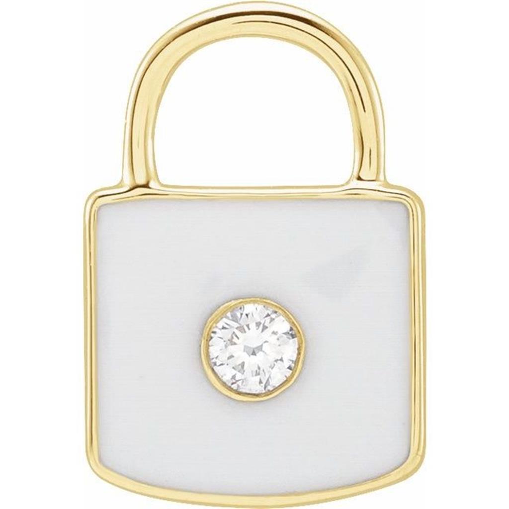 14K Yellow Gold 0.035ctw Diamond White Enameled Lock Charm
