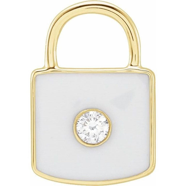 14K Yellow Gold 0.035ctw Diamond White Enameled Lock Charm