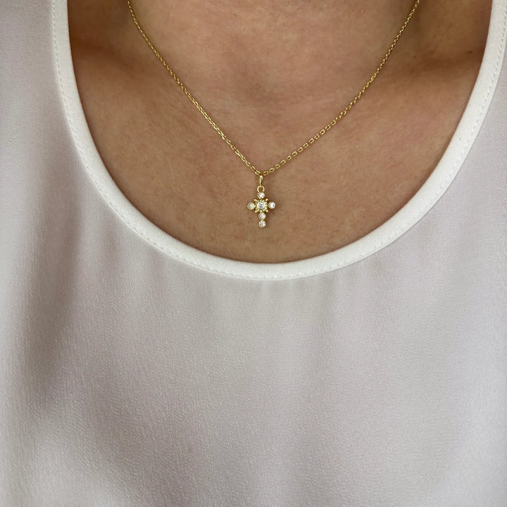 18k Gold Filled Bezel Cross CZ Necklace