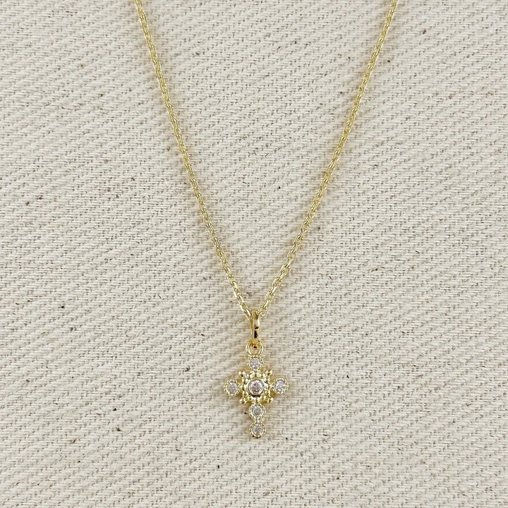 18k Gold Filled Bezel Cross CZ Necklace