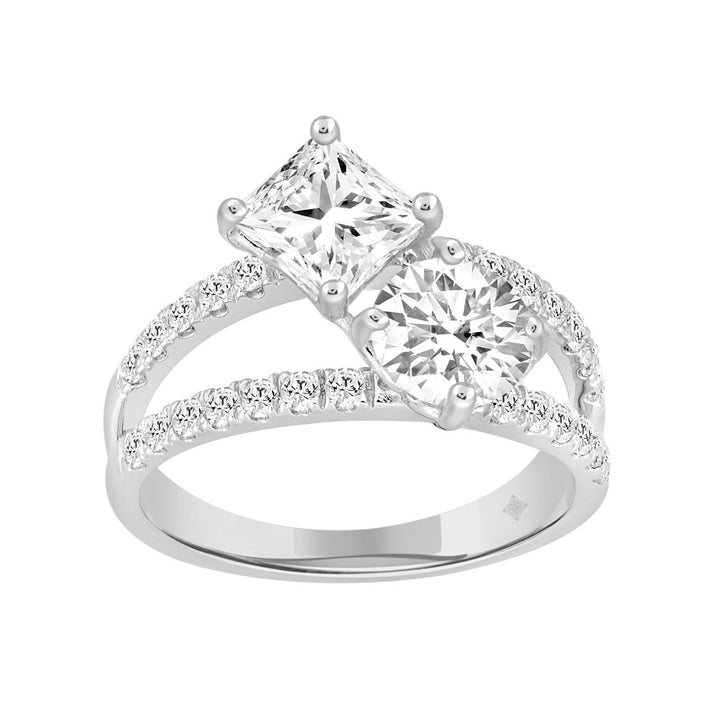 2.50 Carat Round and Princess Diamond Engagement Ring | 14K White Gold | Toi et Moi Style