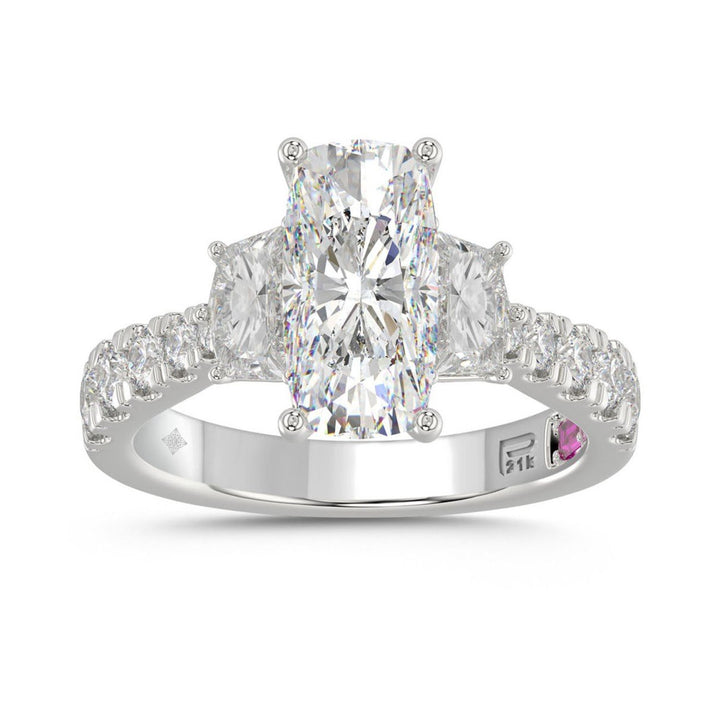3.33 Carat Cushion Diamond Ring Three-Stone Ring  | Platinum | F-VS2 Clarity