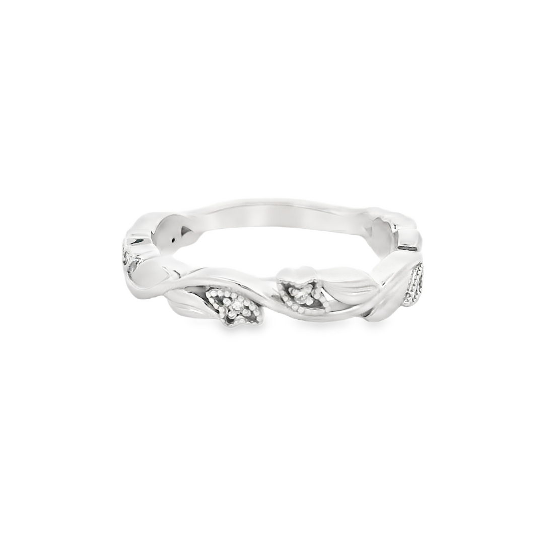 Vintage Leaf Style Engagement Ring | 14K White Gold | Size 6 | 0.049 TW Round Diamonds