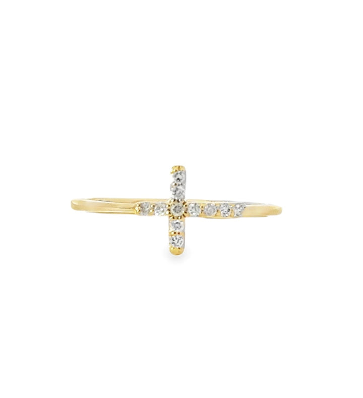 Natural Diamond Cross Ring | 14K Yellow Gold | Elegant Design