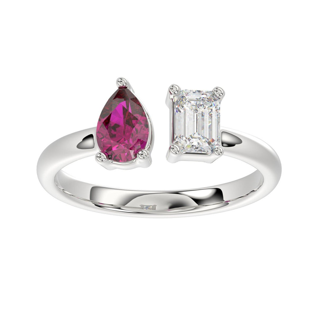 1.00 Carat Lab-Grown Emerald and Ruby Two Stone Ring | 14K White Gold | Toi et Moi Style