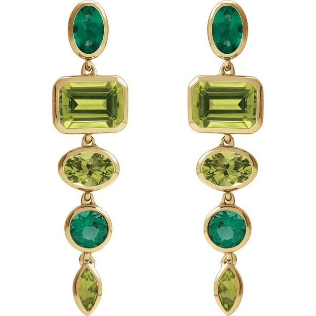 14K Yellow Natural Peridot & Lab-Grown Emerald Dangle Earrings