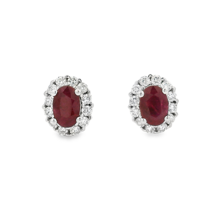 1.17 Carat Oval Natural Ruby and Diamond Stud Earrings | 14K White Gold