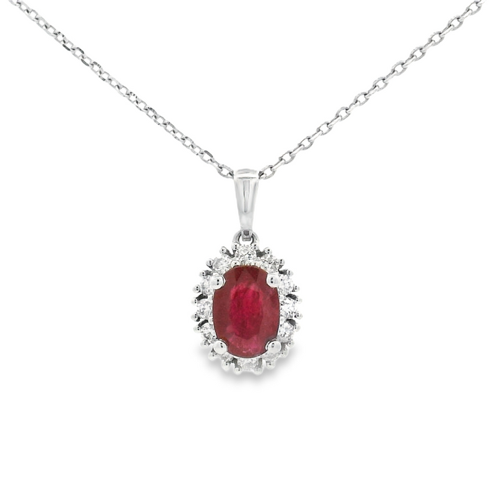 1.00 Carat Oval Ruby Cluster Pendant | 14K White Gold | 0.24 Carat Diamond