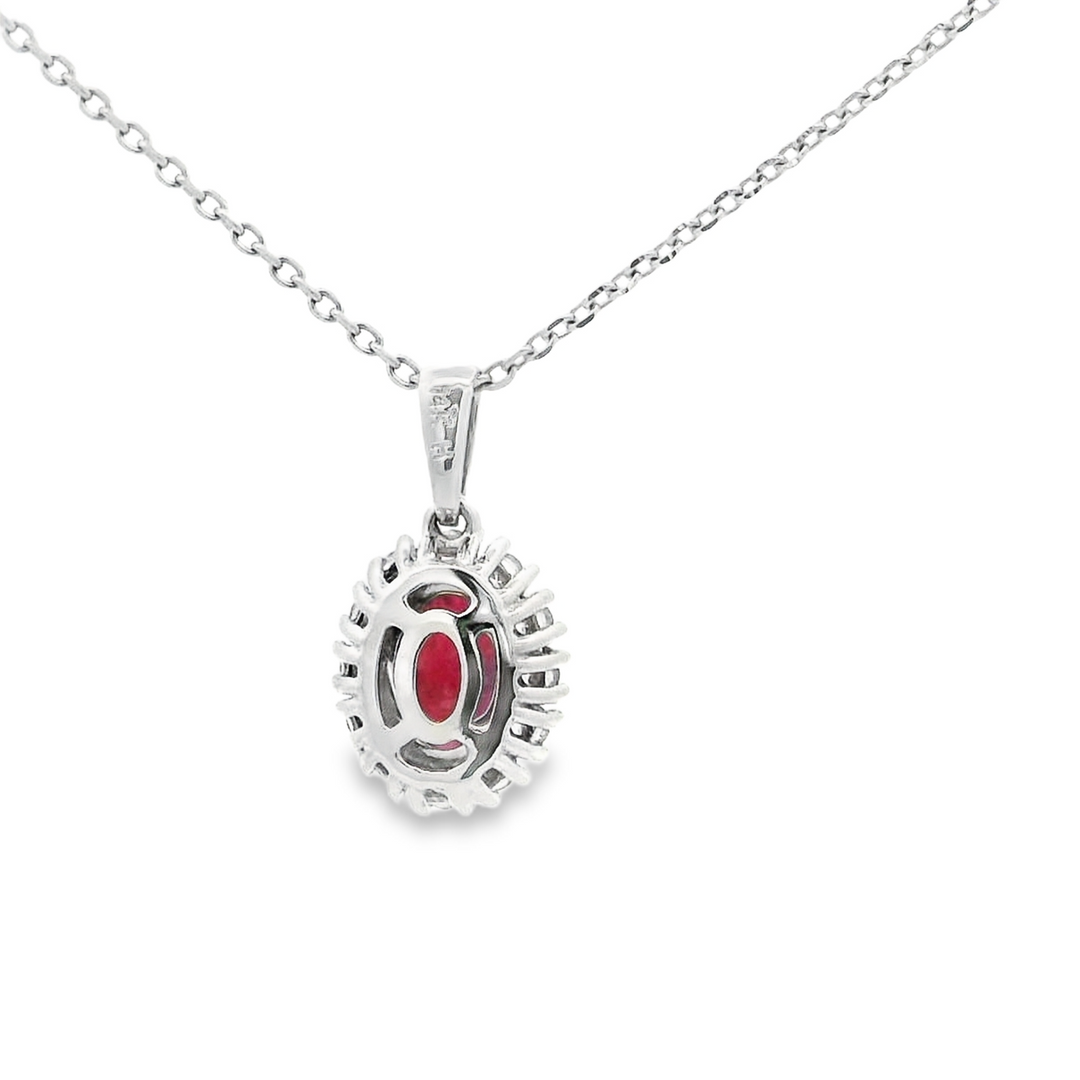 1.00 Carat Oval Ruby Cluster Pendant | 14K White Gold | 0.24 Carat Diamond