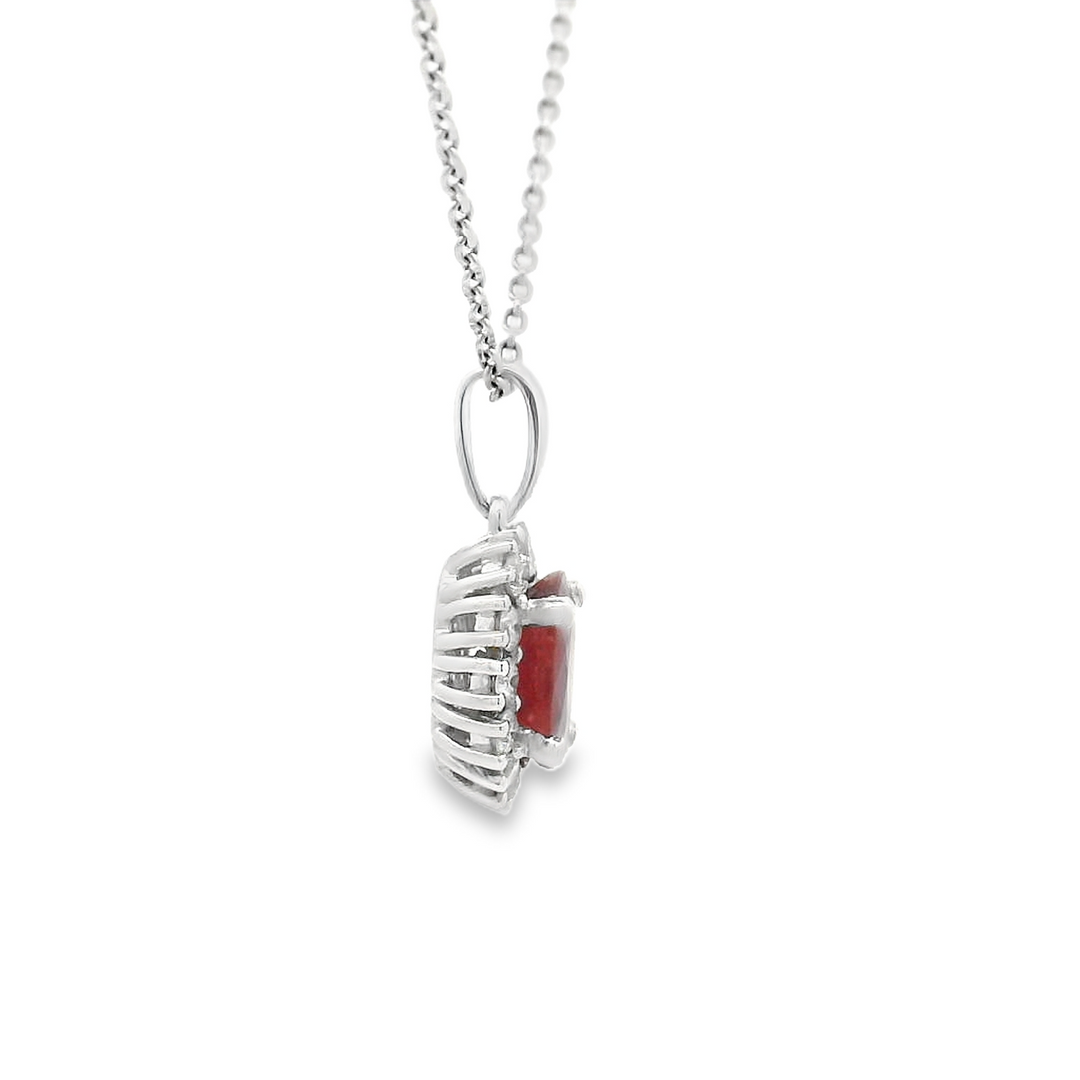 1.00 Carat Oval Ruby Cluster Pendant | 14K White Gold | 0.24 Carat Diamond