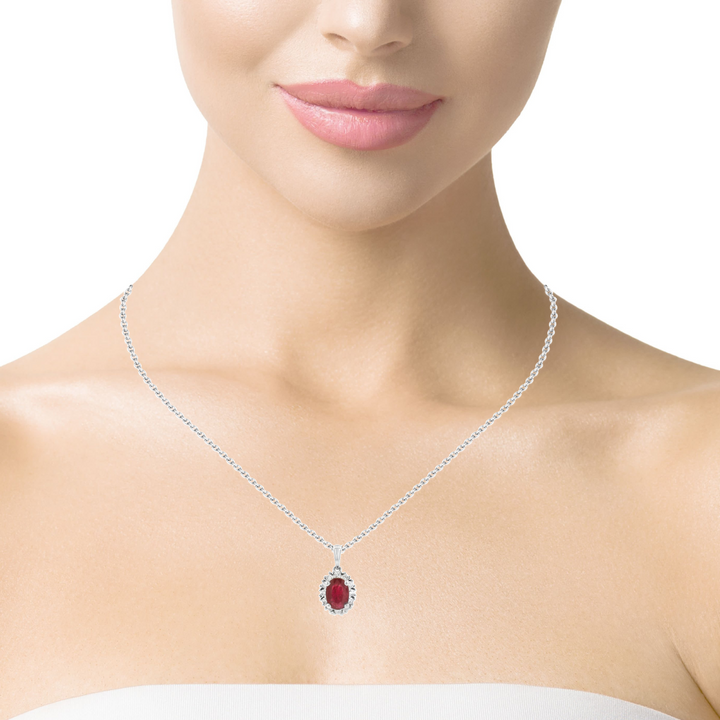 1.00 Carat Oval Ruby Cluster Pendant | 14K White Gold | 0.24 Carat Diamond