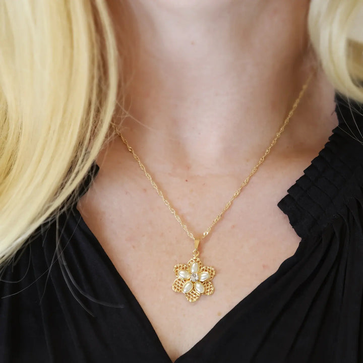 18k Gold Filled Mesh Flower Necklace and Earring Set