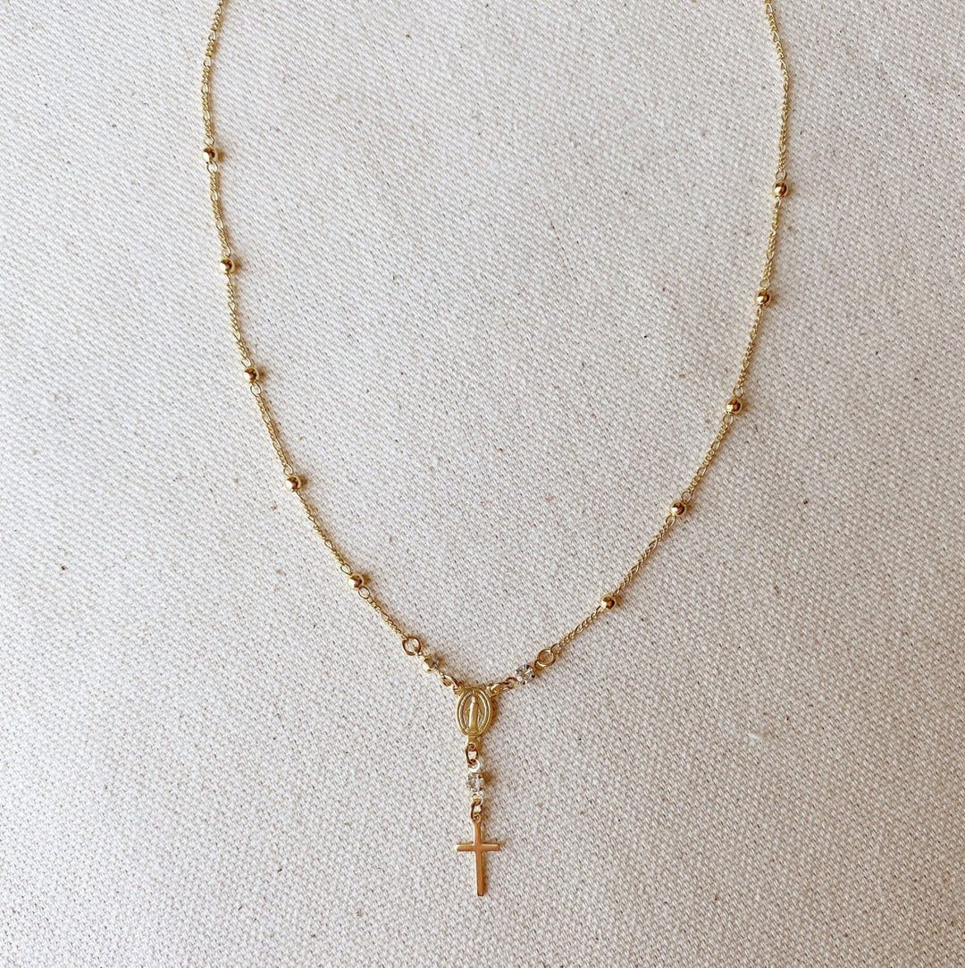 18k Gold Filled Our Lady of Graces Rosary Ball Chain and Small Plain Cross