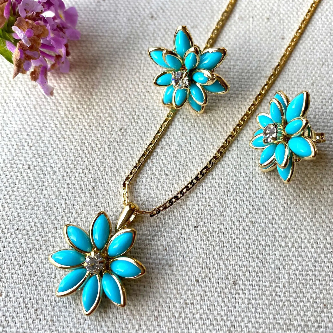 18k Gold Filled Turquoise Flower Crystal Earrings