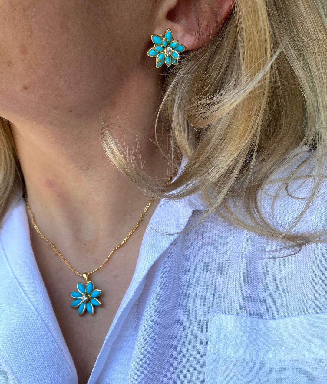 18k Gold Filled Turquoise Flower Crystal Earrings