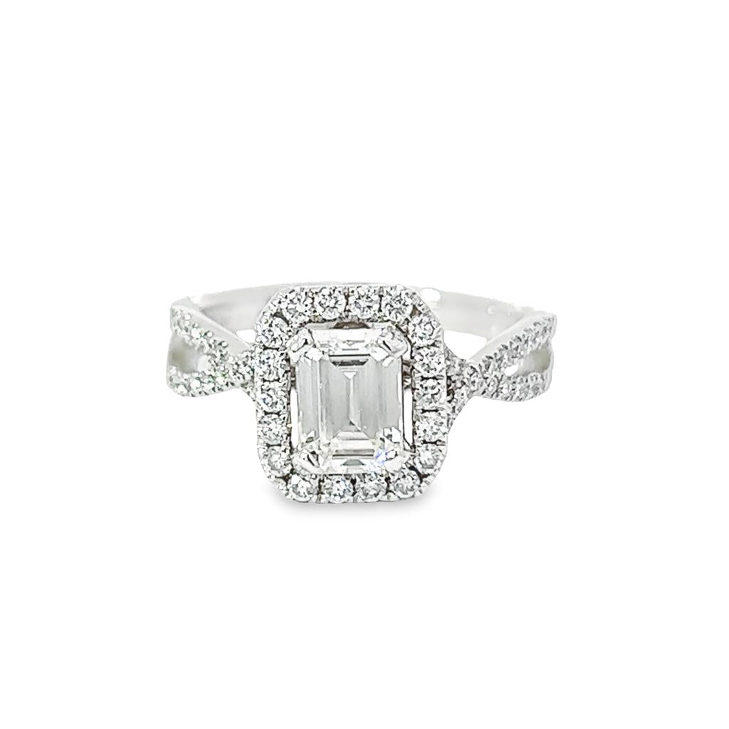 14K White Gold Emerald Cut Moissanite And 0.50ctw Diamond Engagement Ring
