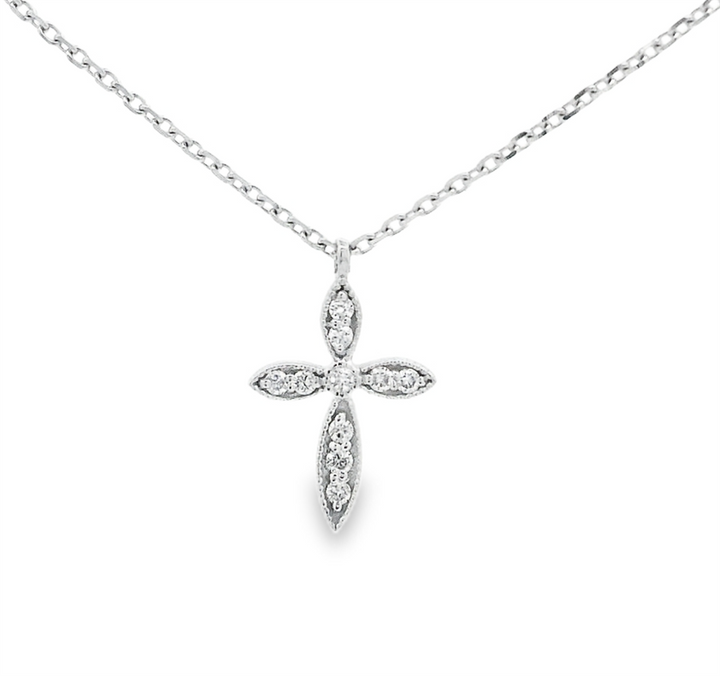 Diamond Cross Pendant Necklace | 14K White Gold | Adjustable 17-18"