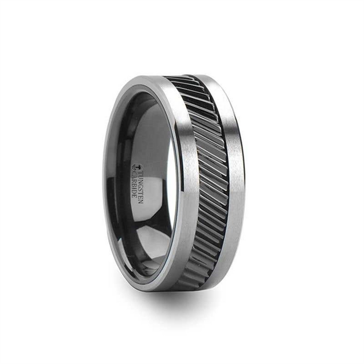 HELIX Gear Teeth Pattern Black Ceramic and Tungsten Ring - 8mm