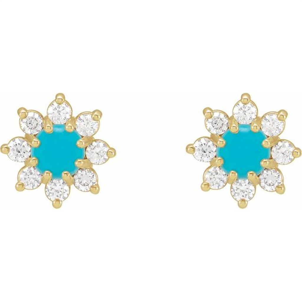 14K Yellow Gold Natural Turquoise & .13ctw Diamond Flower Earrings