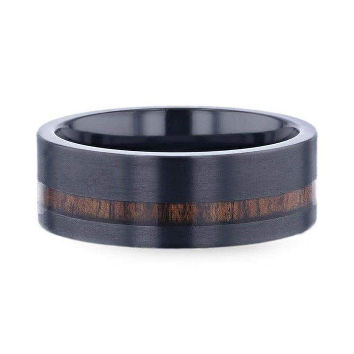DARING Off-Set Koa Wood Inlaid Black Titanium Men's Wedding Band - 8mm