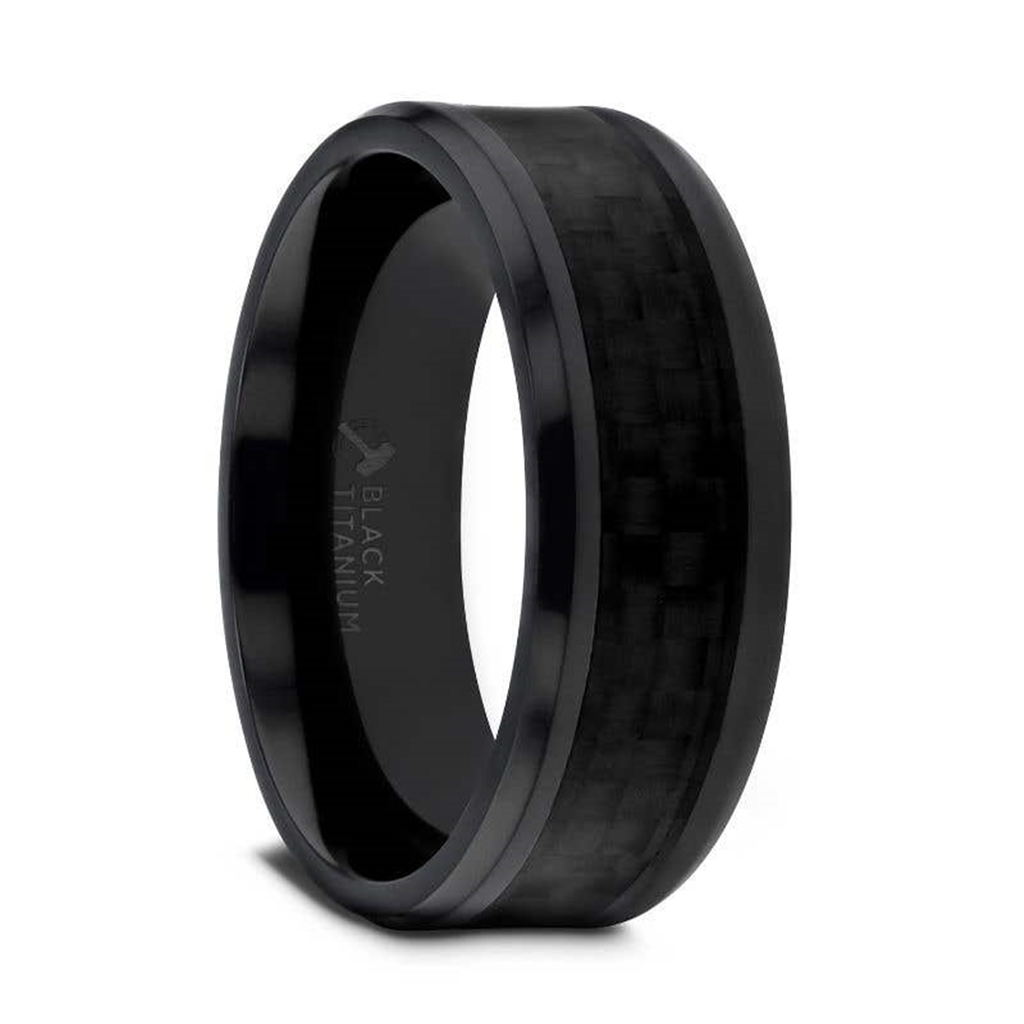 OXYN Black Titanium Beveled Edges Black Carbon Fiber Inlaid Men’s Wedding Band - 8mm