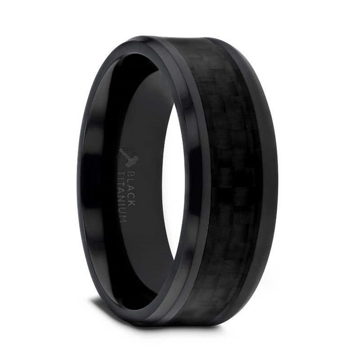 OXYN Black Titanium Beveled Edges Black Carbon Fiber Inlaid Men’s Wedding Band - 8mm