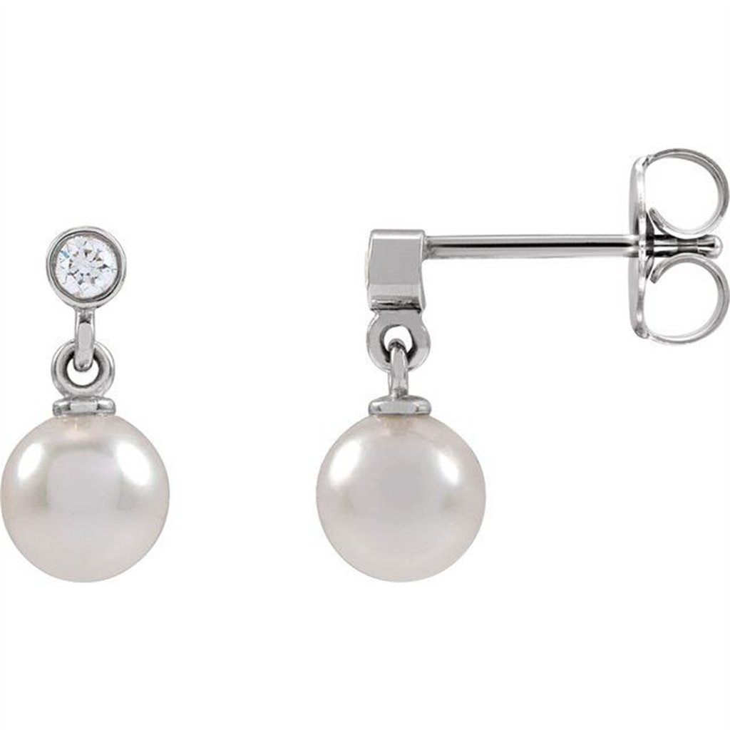 14K White Gold Cultured White Akoya Pearl & .06 CTW Natural Diamond Earrings