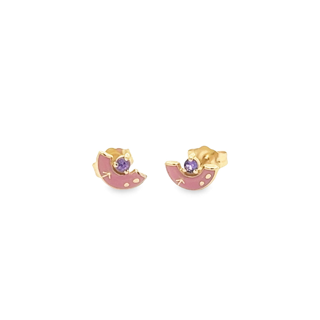 14K Yellow Gold Chime of Memories #18 Pink Enameled Stud Earrings
