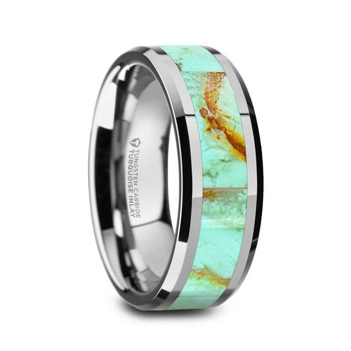 PIERRE Men’s Tungsten Wedding Band with Light Blue Turquoise Stone Inlay - 8mm