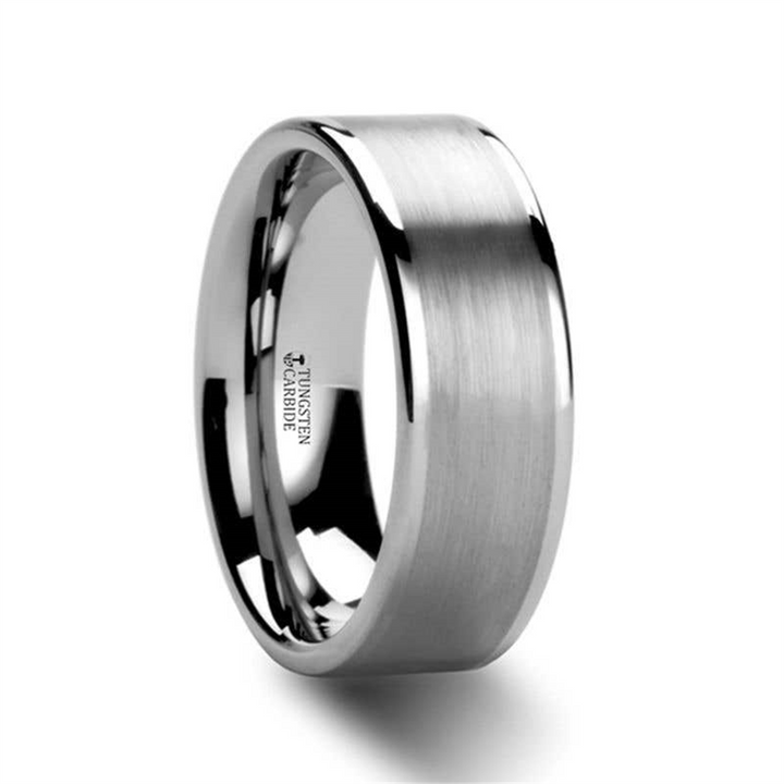 AIRES Flat Brush Finish Center Polished Edges Tungsten Carbide Ring - 8mm