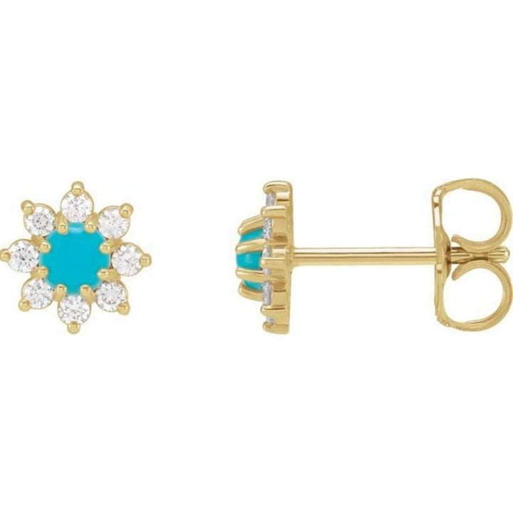 14K Yellow Gold Natural Turquoise & .13ctw Diamond Flower Earrings