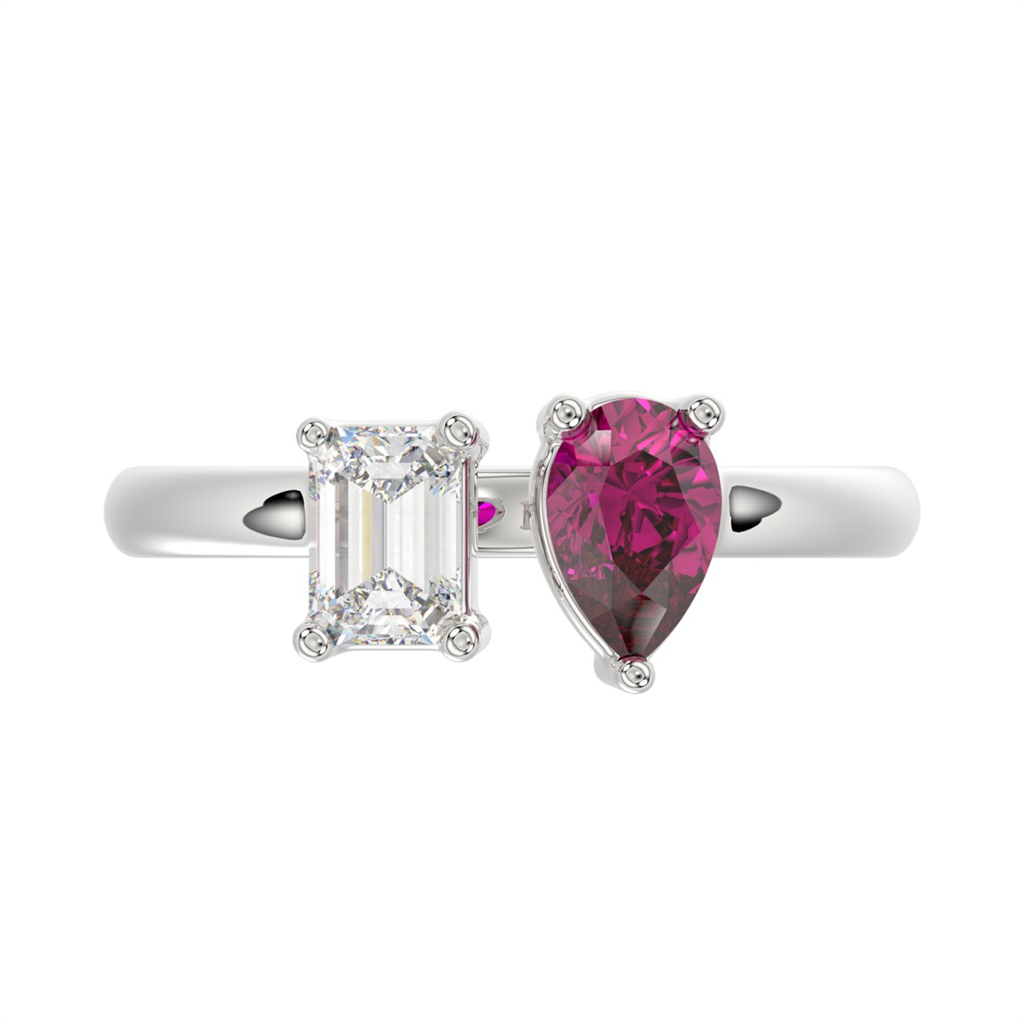 1.00 Carat Lab-Grown Emerald and Ruby Two Stone Ring | 14K White Gold | Toi et Moi Style