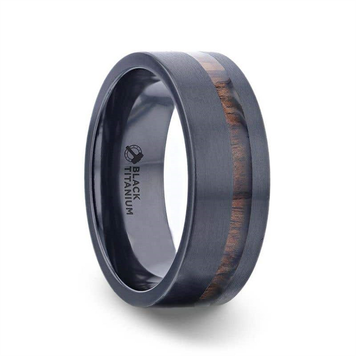 DARING Off-Set Koa Wood Inlaid Black Titanium Men's Wedding Band - 8mm