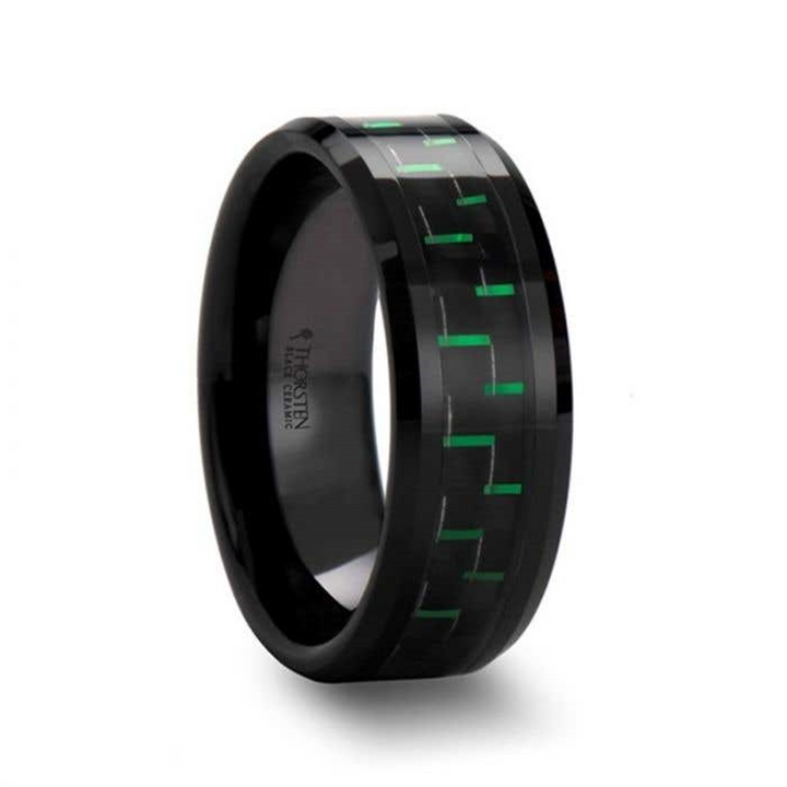 ATILUS Beveled Black Ceramic Wedding Band with Black & Green Carbon Fiber - 8mm
