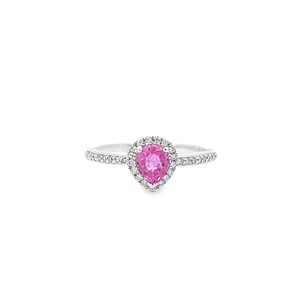 14K White Gold Halo Pear 0.70ctw Pink Sapphire Ring