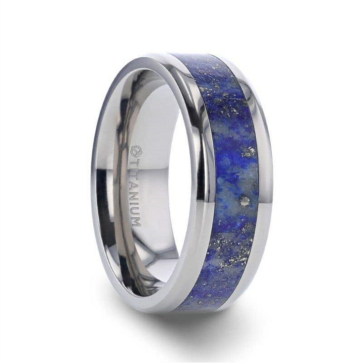 MALONE Men's Titanium Wedding Ring with Blue Lapis Inlay & Beveled Edges - 8mm