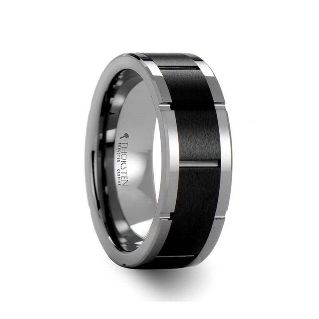 ROCHESTER Tungsten Ring With Horizontal Grooved Black Ceramic Center - 8mm